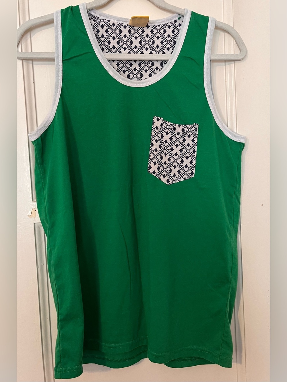 Vintage 80s Green Contrast Trim Pocket Tank Top Geometric Print Size S Small